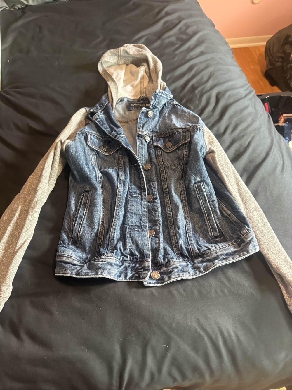 Express Indigo Denim Hooded Jacket with Gray Knit Sleeves